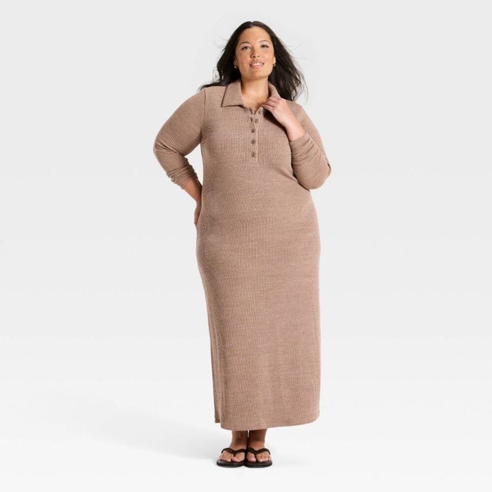 Women's Long Sleeve Midi Polo Dress - Universal Thread Brown 1X